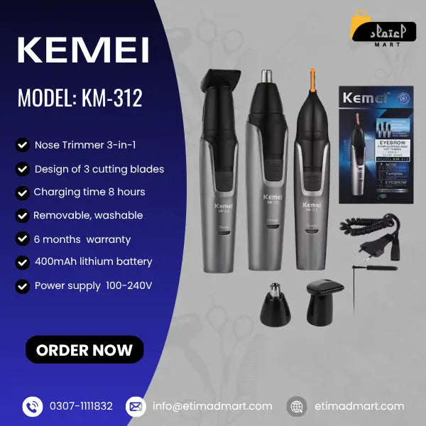 Kemei KM-312 3-in-1 Nose, Ear & Eyebrow Hair Trimmer