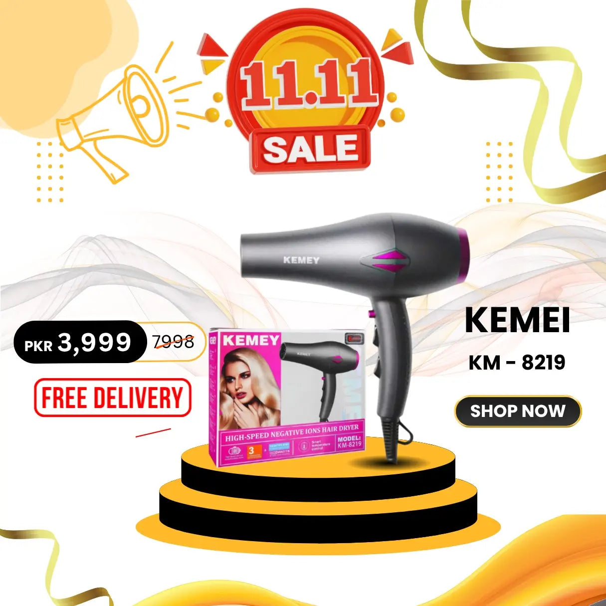 Kemei KM-8219 Hair Dryer with Diffuser & Ionic Technology