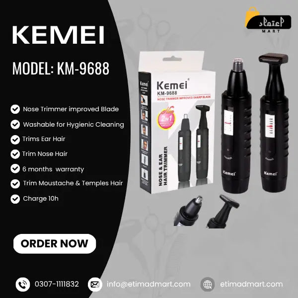 Kemei KM-9688 2-in-1 Rechargeable Hair & Nose Trimmer for Men & Women