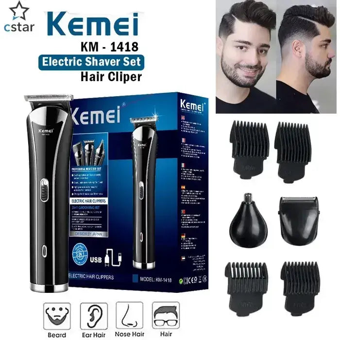 Kemei KM-1418 3-in-1 Electric Clipper: Beard, Nose, Shaver