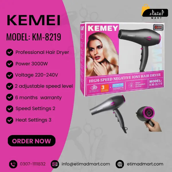 Kemei KM-8219 Hair Dryer with Diffuser & Ionic Technology