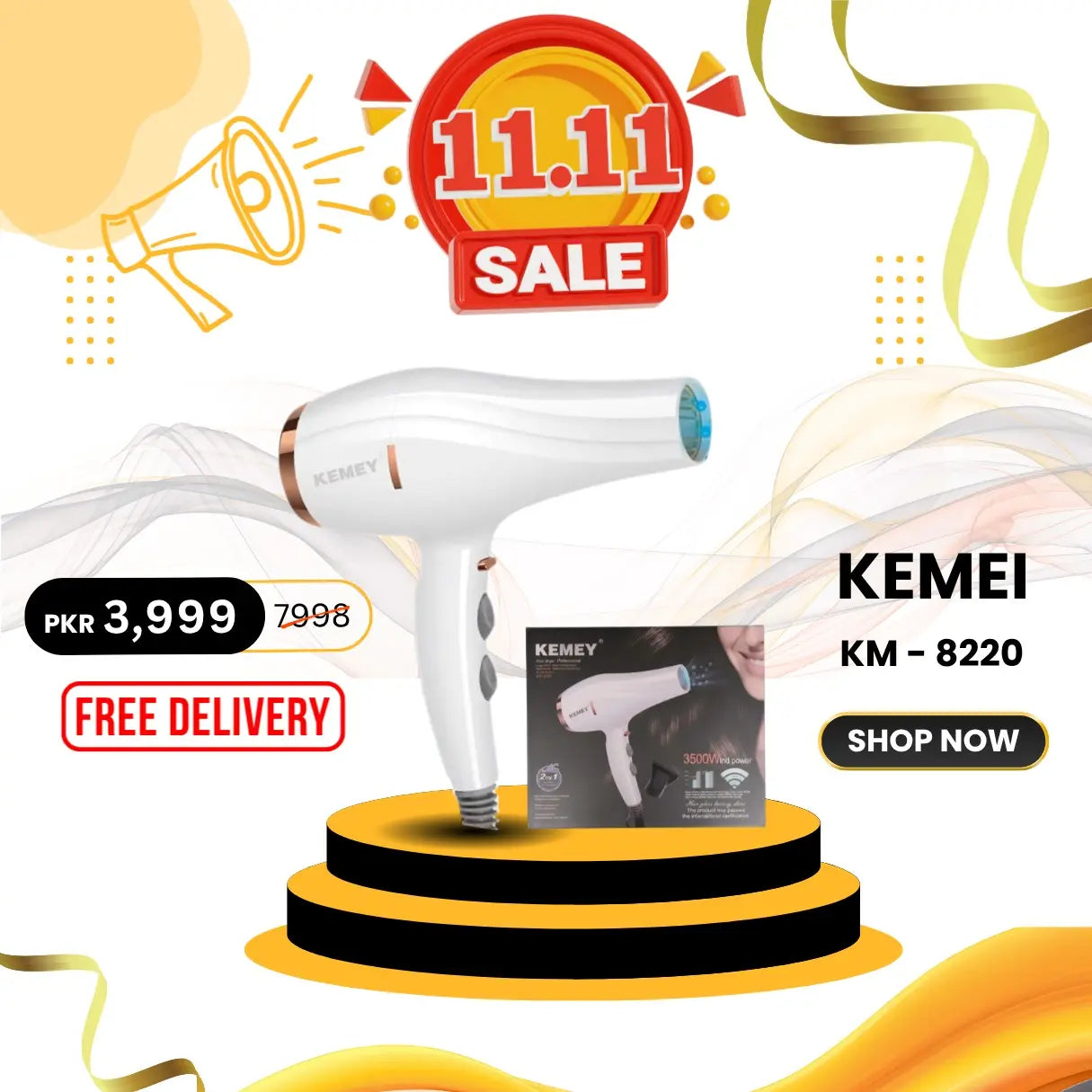 Kemei KM-8220 Hair Dryer with Multiple Heat Settings