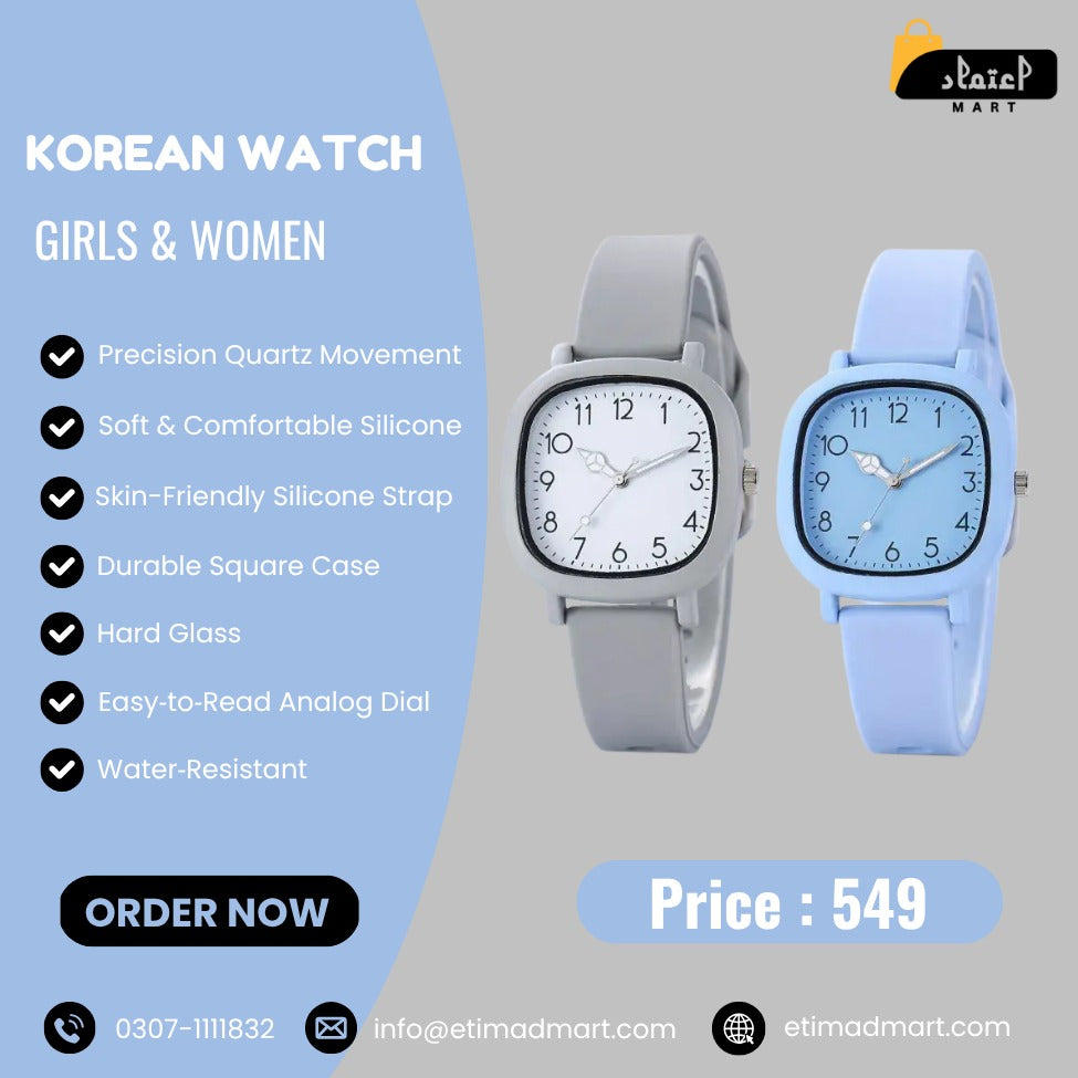 Square Silicone Quartz Korean Watch for Girls & Women