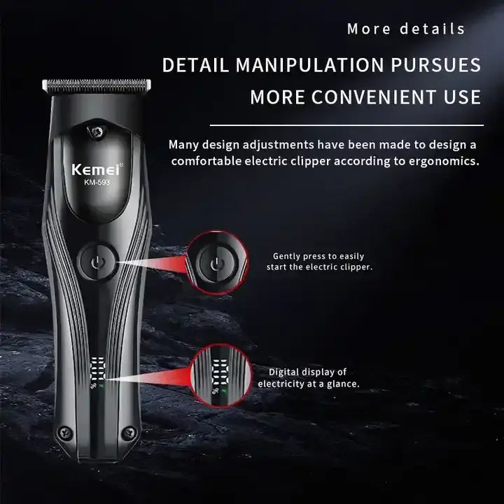 Kemei KM-593 Cordless Hair Trimmer – LED Display & Multi-Speed