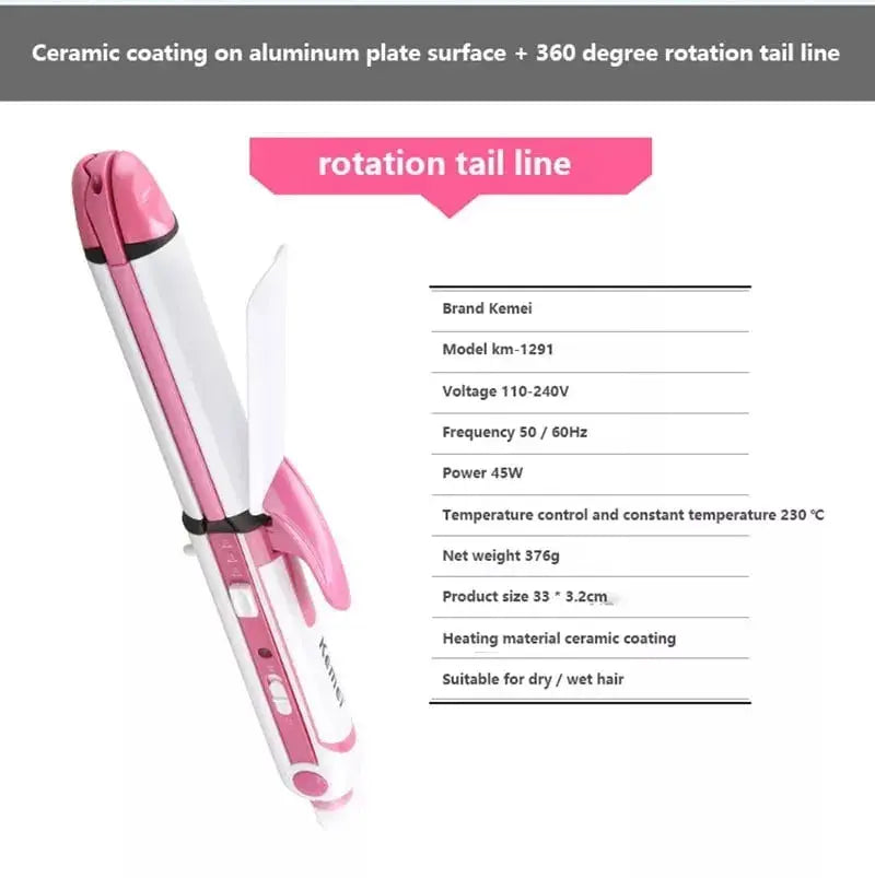 Kemei KM-1291 3-in-1 Hair Straightener, Curler & Crimper