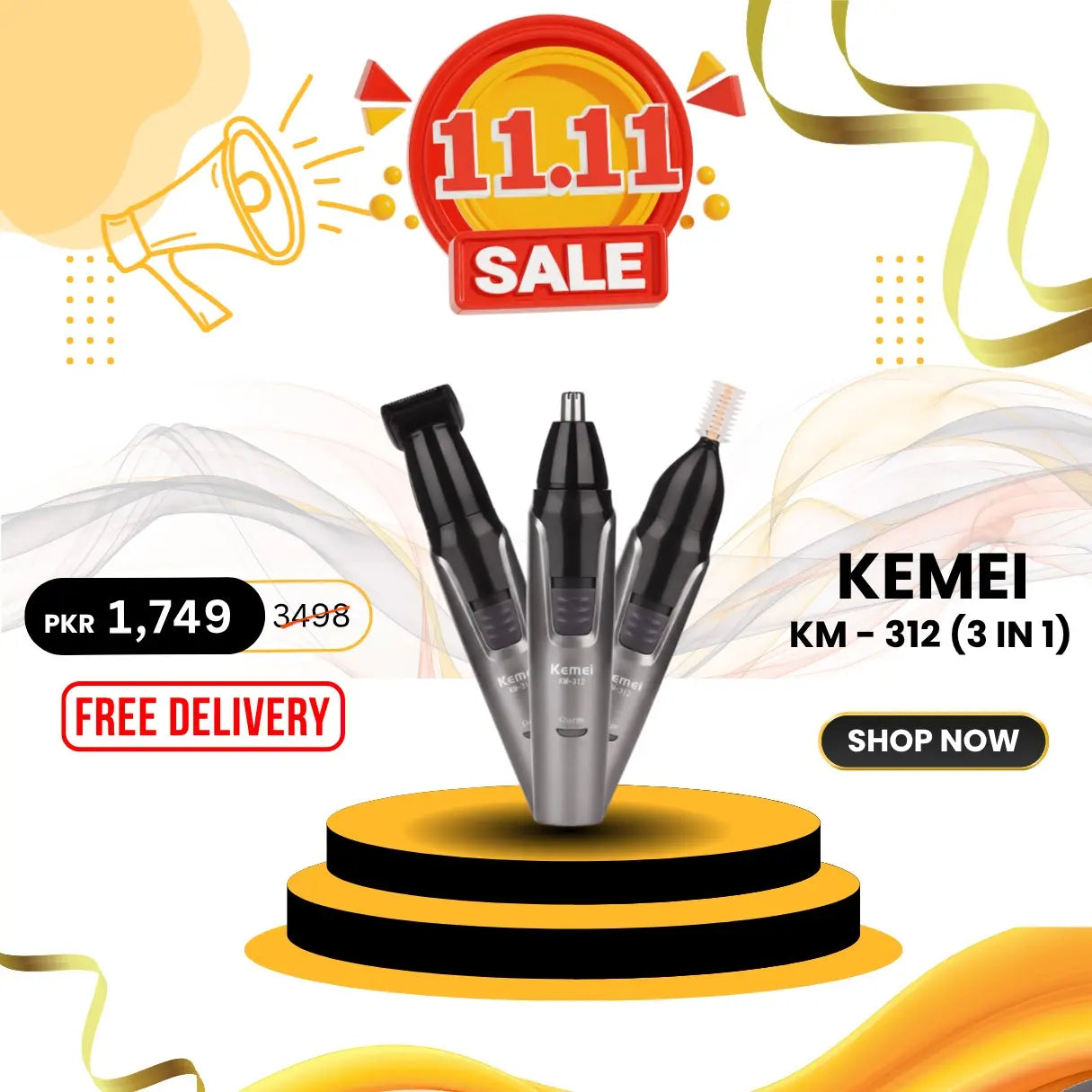 Kemei KM-312 3-in-1 Nose, Ear & Eyebrow Hair Trimmer