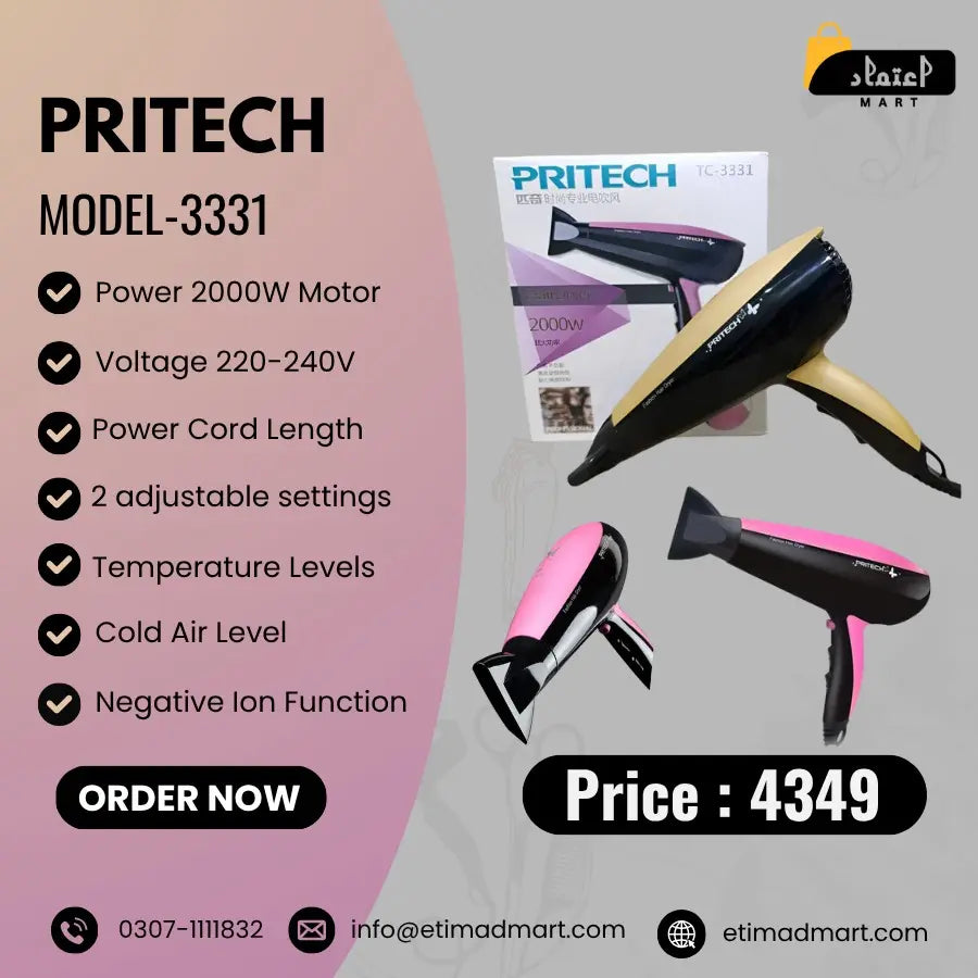 Pritech TC 3331 Hair Dryer – Ionic, Ceramic & Quick Drying