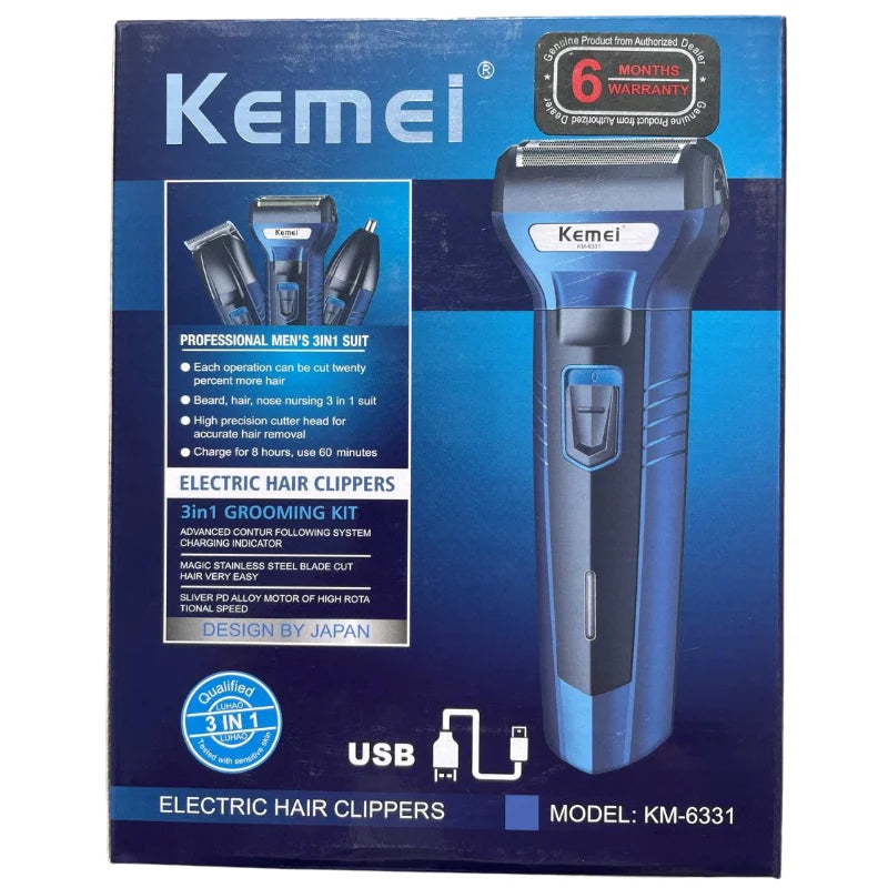 Kemei KM‑6331 3‑in‑1 Hair, Beard & Nose Trimmer – 6‑Month Warranty