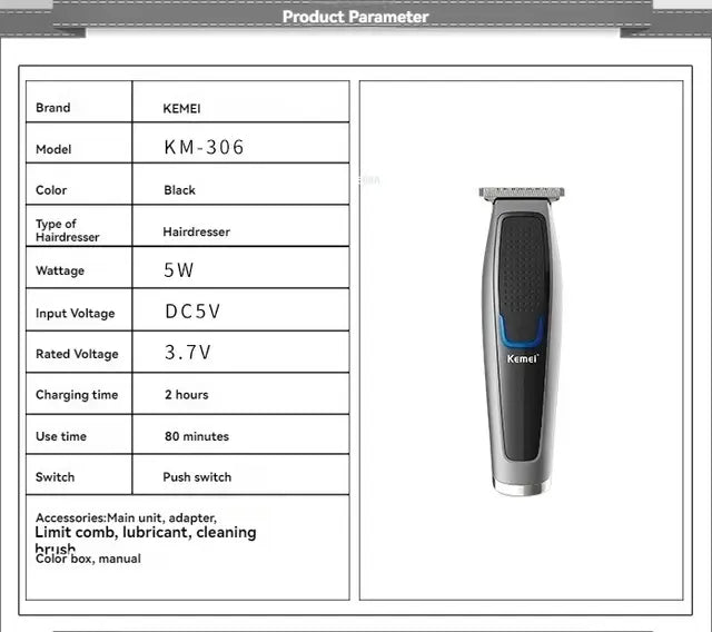 Kemei KM-306 Cordless Hair Clipper for Men