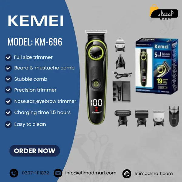 Kemei KM-696 – Ultimate 5 in 1 Grooming Kit | Beard, Hair & Body Trimmer
