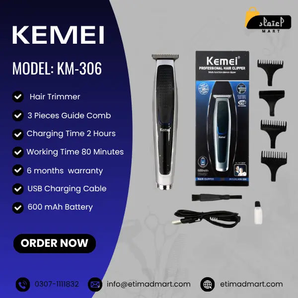 Kemei KM-306 Cordless Hair Clipper for Men