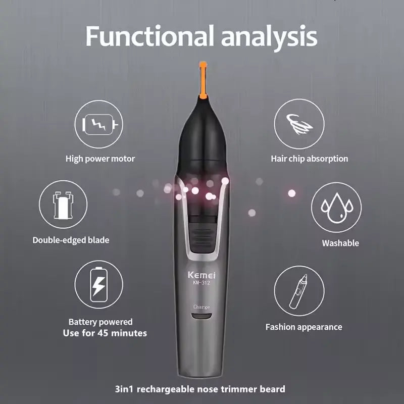 Kemei KM-312 3-in-1 Nose, Ear & Eyebrow Hair Trimmer