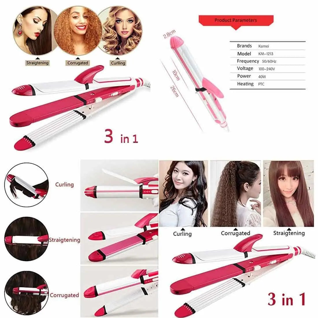 Kemei KM-1291 3-in-1 Hair Straightener, Curler & Crimper